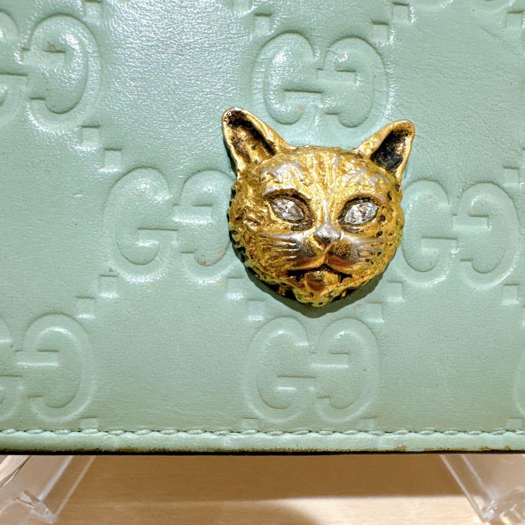 GUCCI グッチ二つ折り財布 シマレザー リネア キャット ミントグリーン