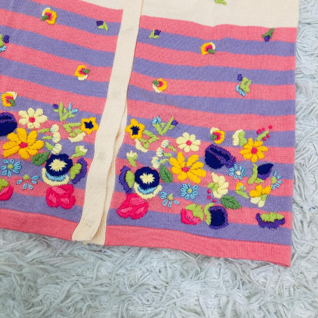 美品 チェスティ S カーディガン 刺繍 花柄 ボーダー ピンク[6492]