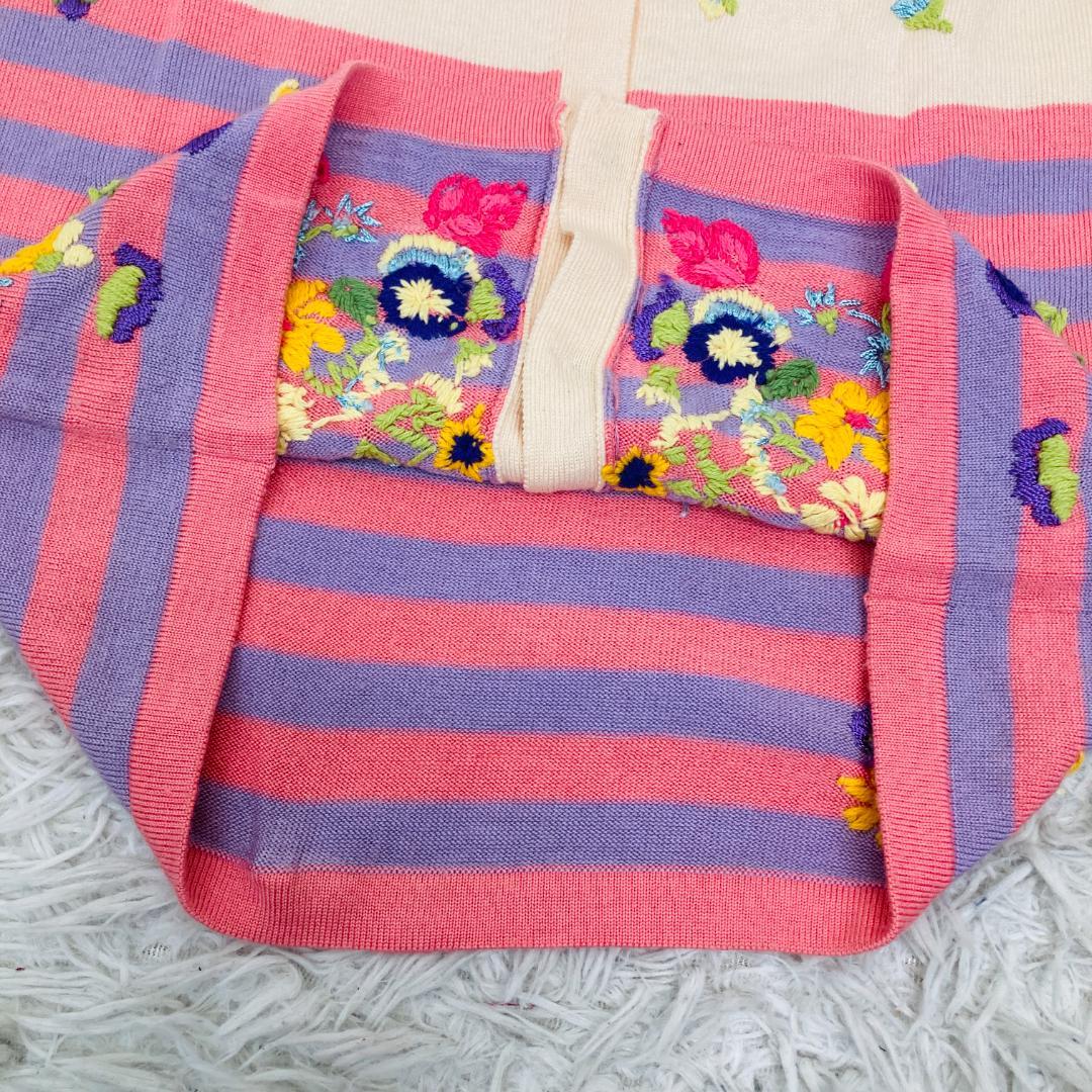 美品 チェスティ S カーディガン 刺繍 花柄 ボーダー ピンク[6492]