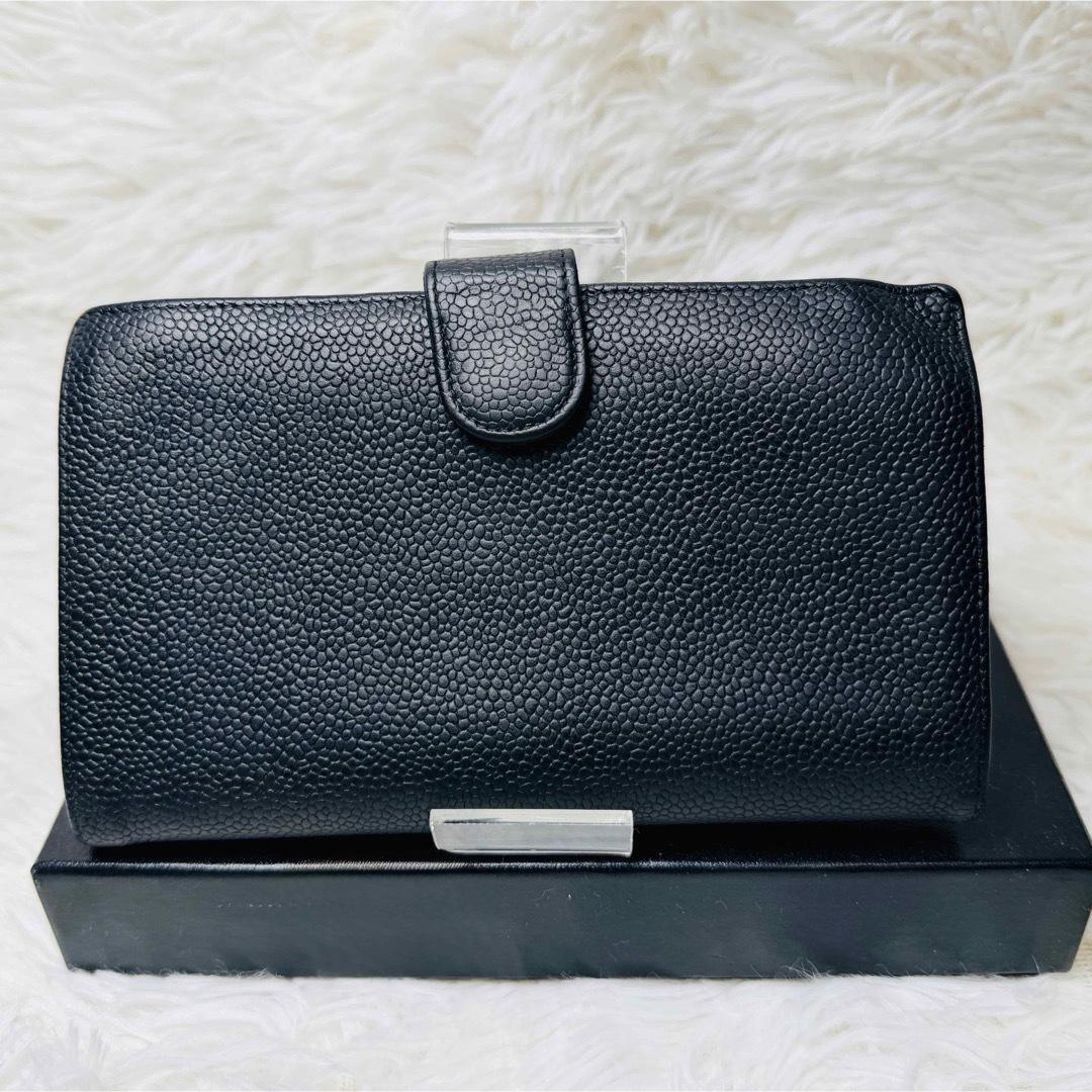 【セール】CHANEL キャビアスキン　ココマーク　二つ折り　長財布　がま口 黒