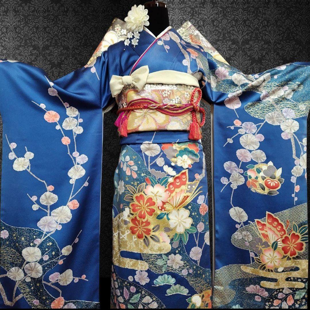 SALE中☆振袖フルセット(6点)成人式・金銀彩加工・金駒刺繍・たたき染め・舞蝶
