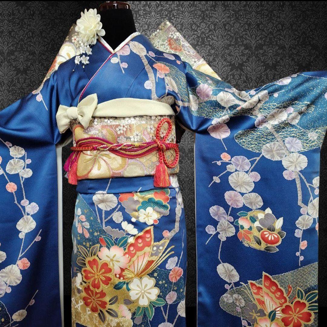 SALE中☆振袖フルセット(6点)成人式・金銀彩加工・金駒刺繍・たたき染め・舞蝶