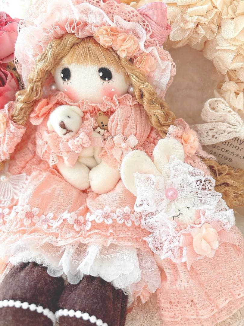 カントリードール♡ハンドメイド♡お人形♡サーモンピンク？オレンジ♡