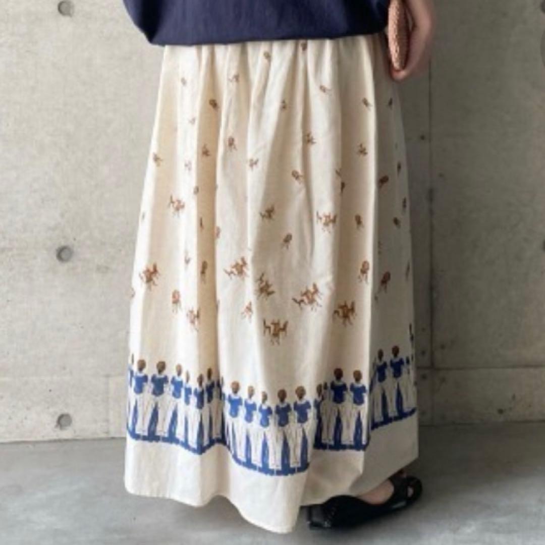 ビアズリー　喫茶店プリントスカート 希少　リネン混　総柄　フレア　ロング
