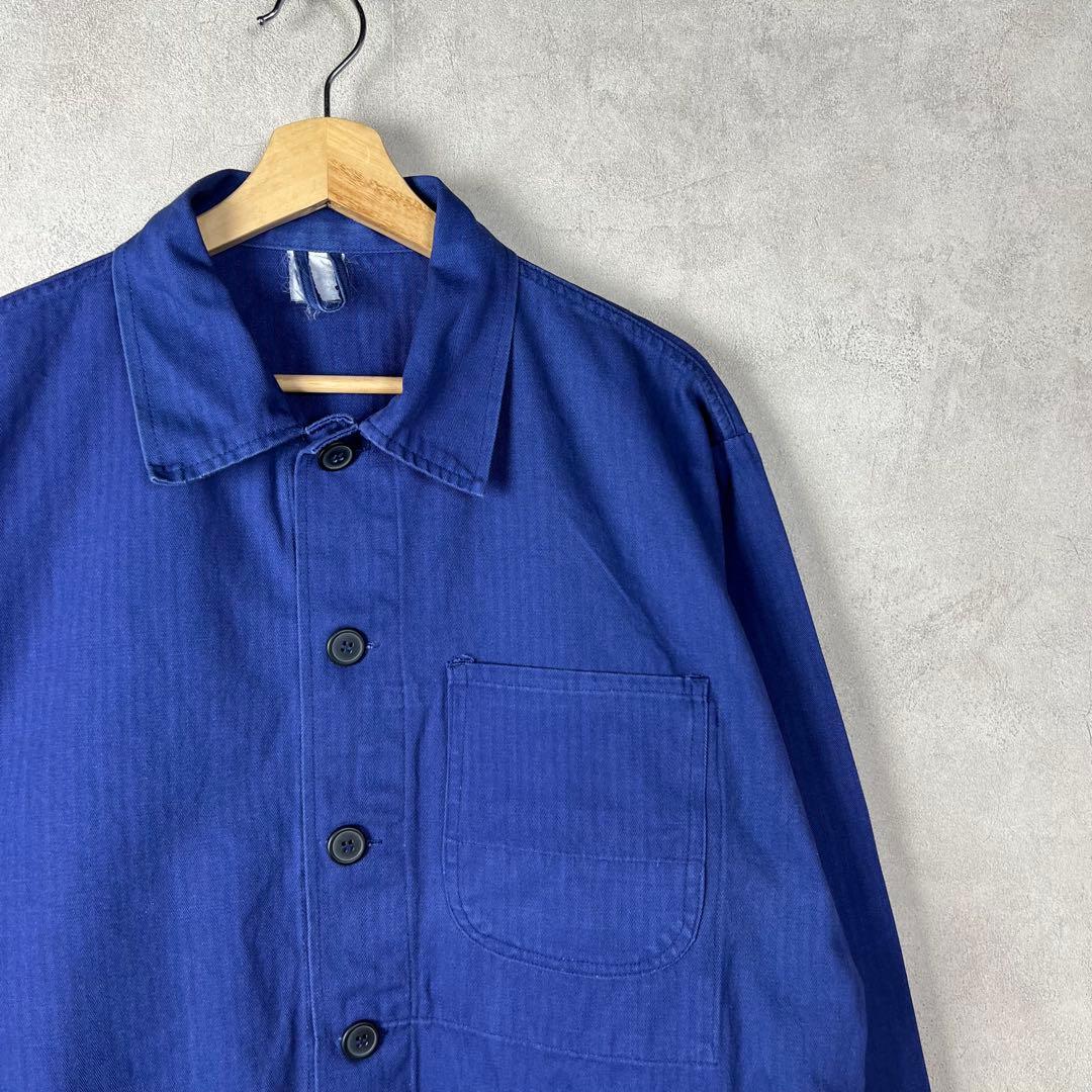 ユーロ古着 カバーオール ワークジャケット ヘリンボーン 紺色 vintage