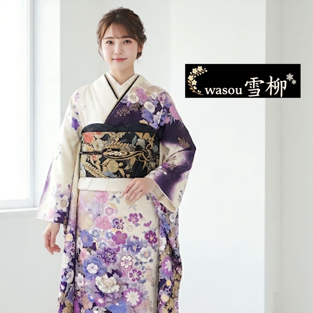 白地に華やか花模様♡振袖フルセット　成人式前撮り