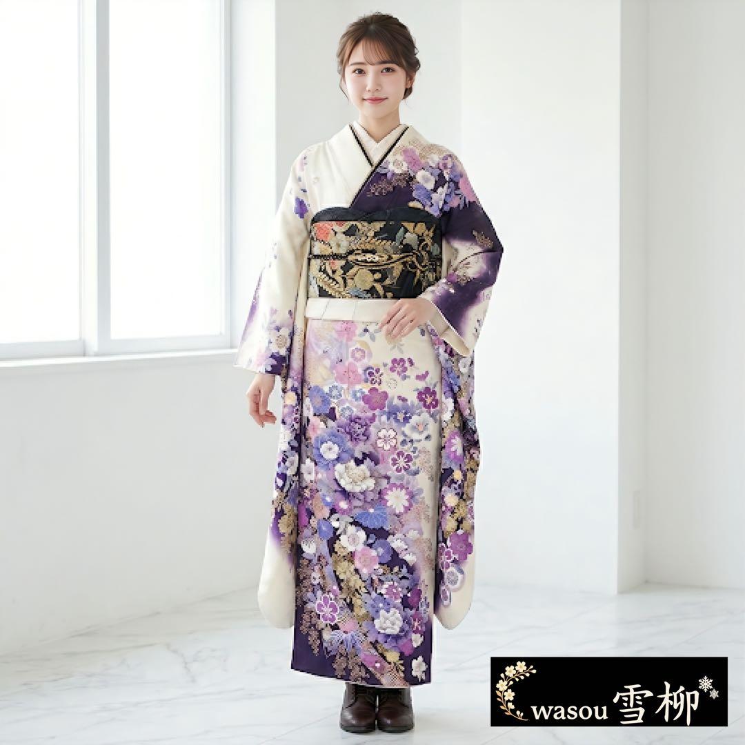 白地に華やか花模様♡振袖フルセット　成人式前撮り