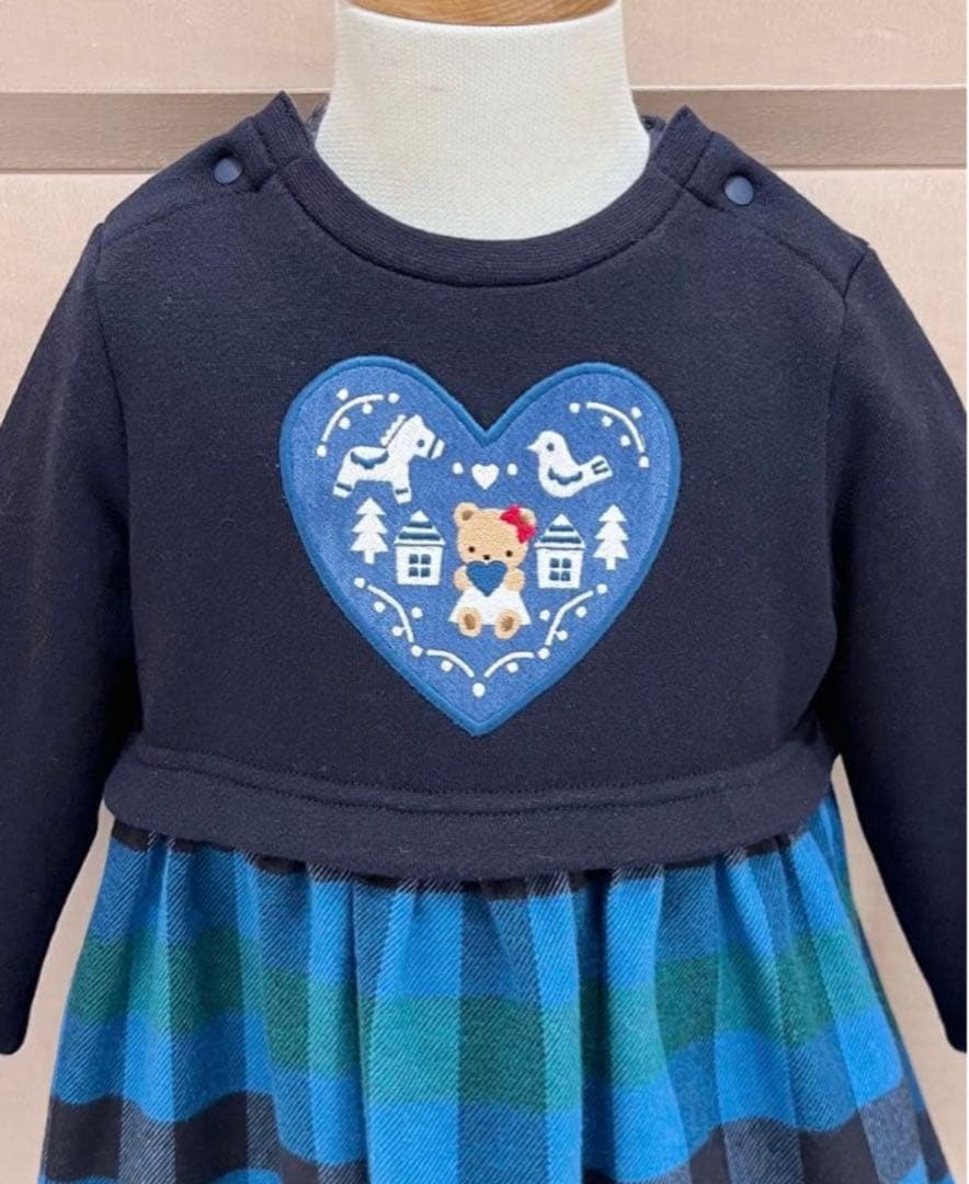 ファミリア　リアちゃんハート♡ネイビー チェック柄 ワンピース 90cm