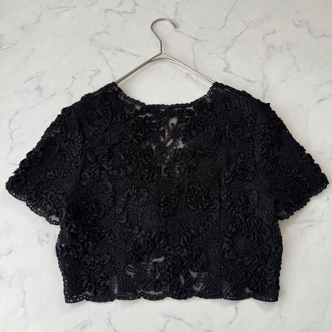 極美品✨ FOXEY リボンワーク刺繍 レースボレロ 黒 ストレッチ 羽織 40