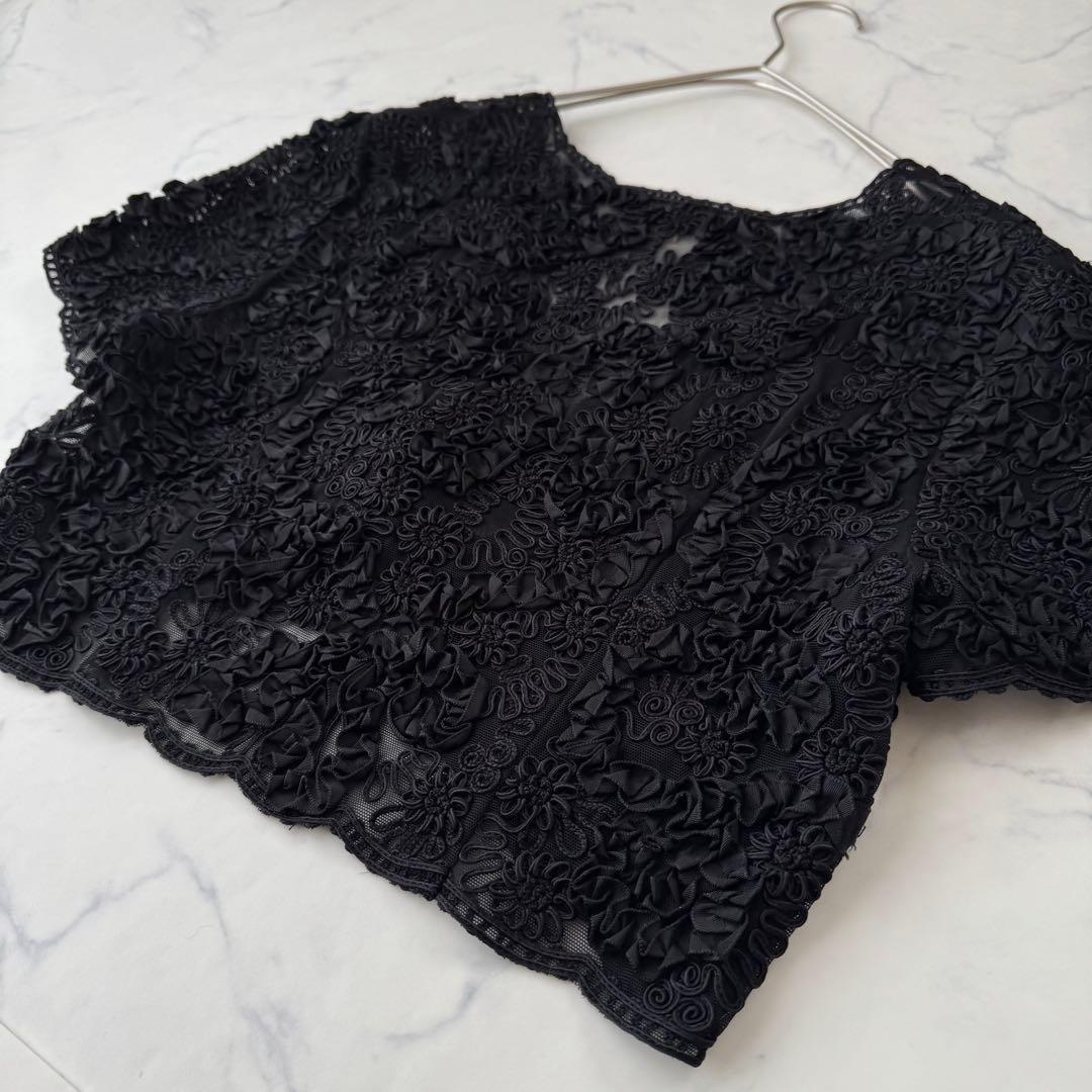 極美品✨ FOXEY リボンワーク刺繍 レースボレロ 黒 ストレッチ 羽織 40