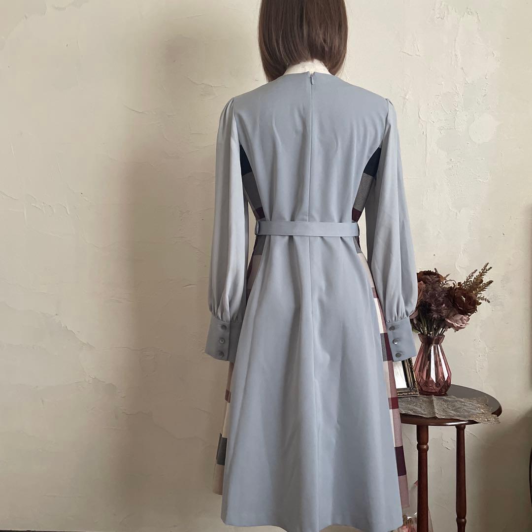 両サイドチェック＊ベルト付ワンピ＊サックスブルー＊ブルーレーベルクレストブリッジ