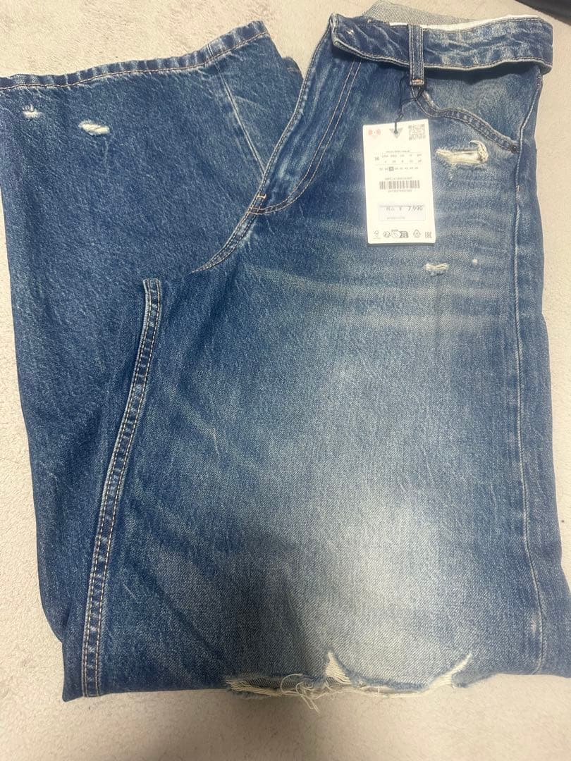 ZARAザラ新品TRFミッドライズ折り返しウエストデニムパンツ36ブルー