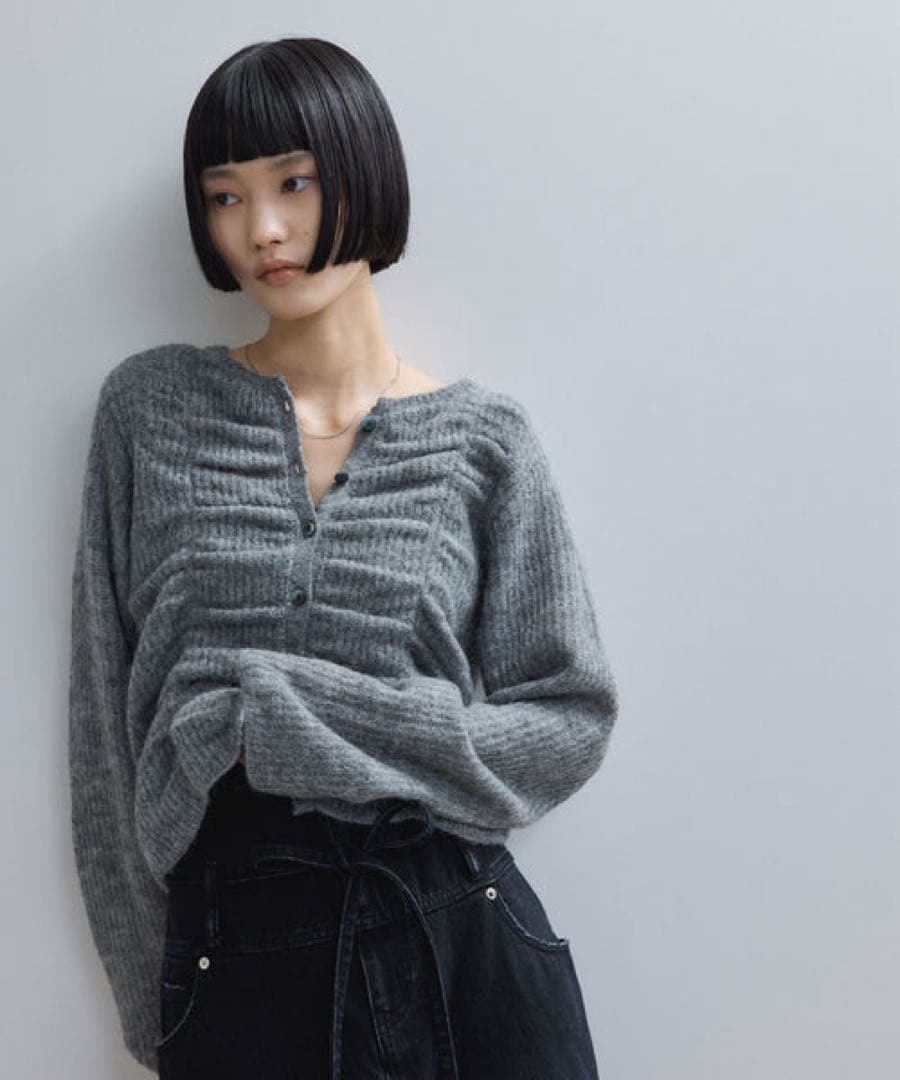 アダムエロペ ダブルモヘアシャーリングカーディガンF グレー