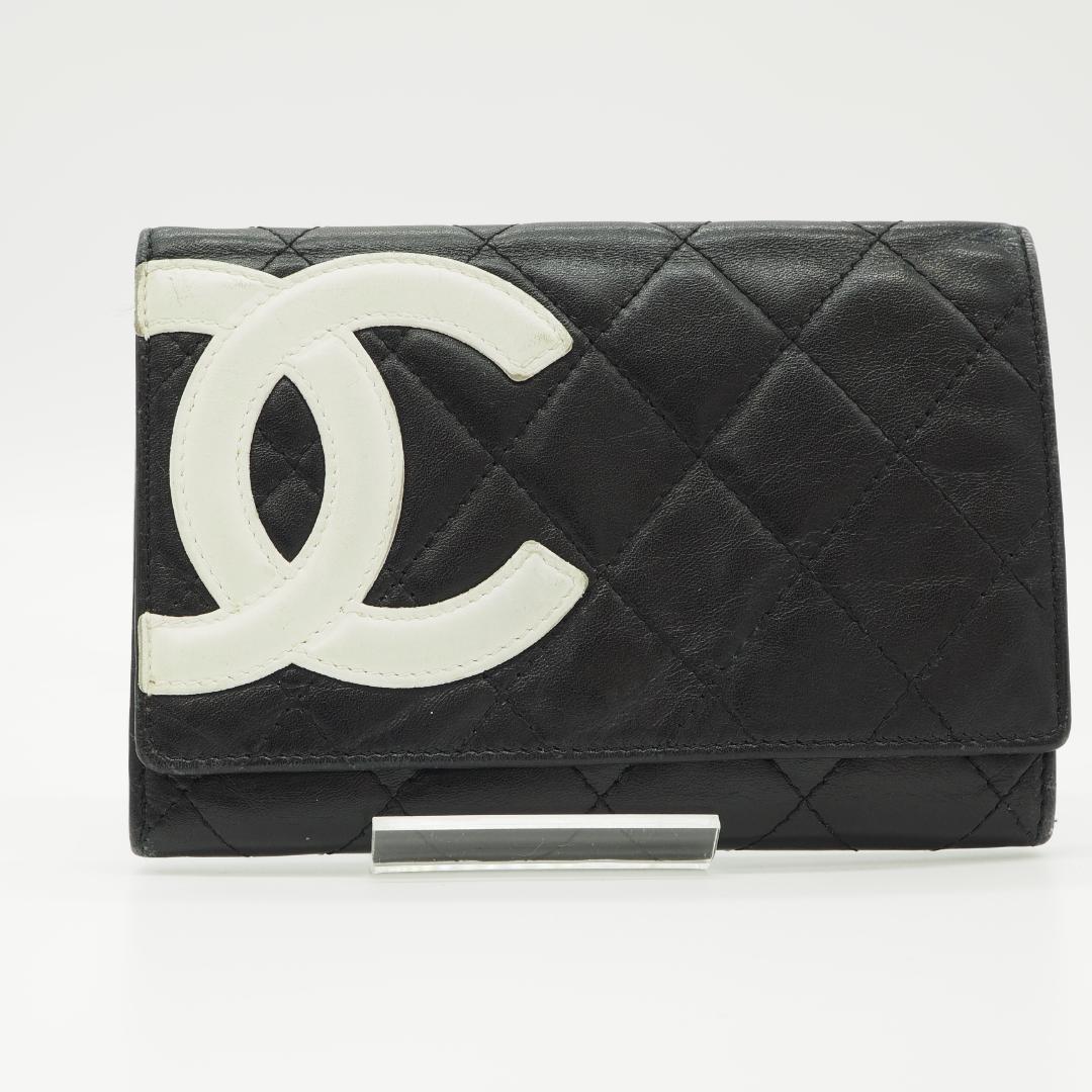 CHANEL シャネル カンボンライン 二つ折り財布 黒×ピンク