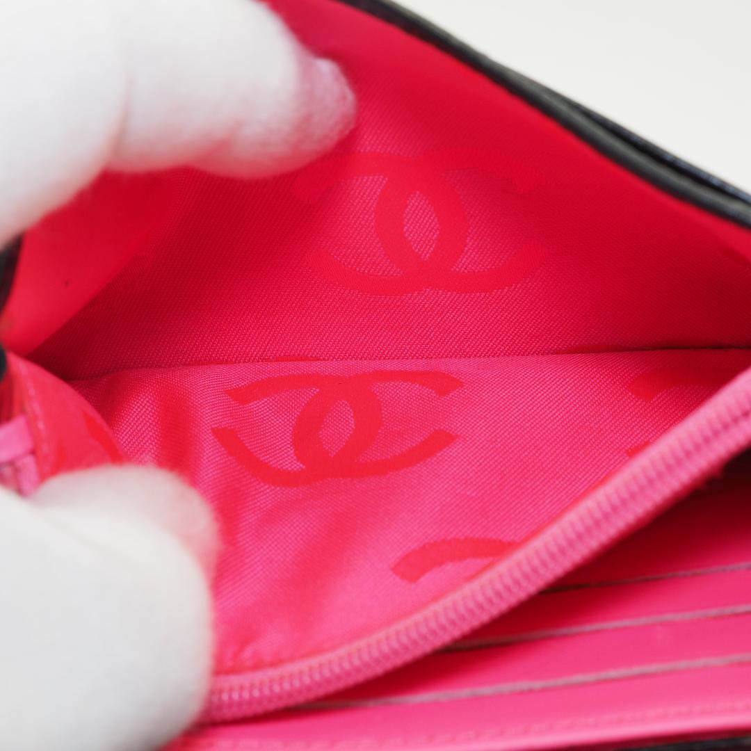 CHANEL シャネル カンボンライン 二つ折り財布 黒×ピンク