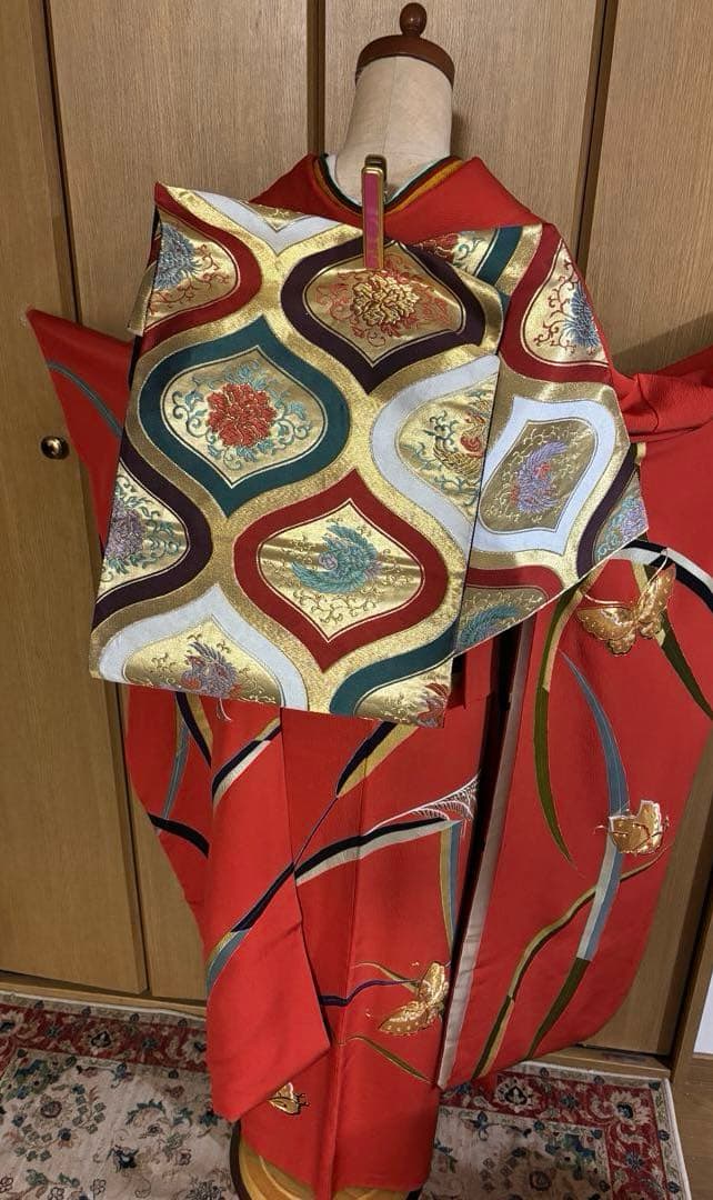 正絹縮緬 セミアンティーク 振袖 5点セット 朱赤 金駒刺繍 稲穂と蝶々裄69