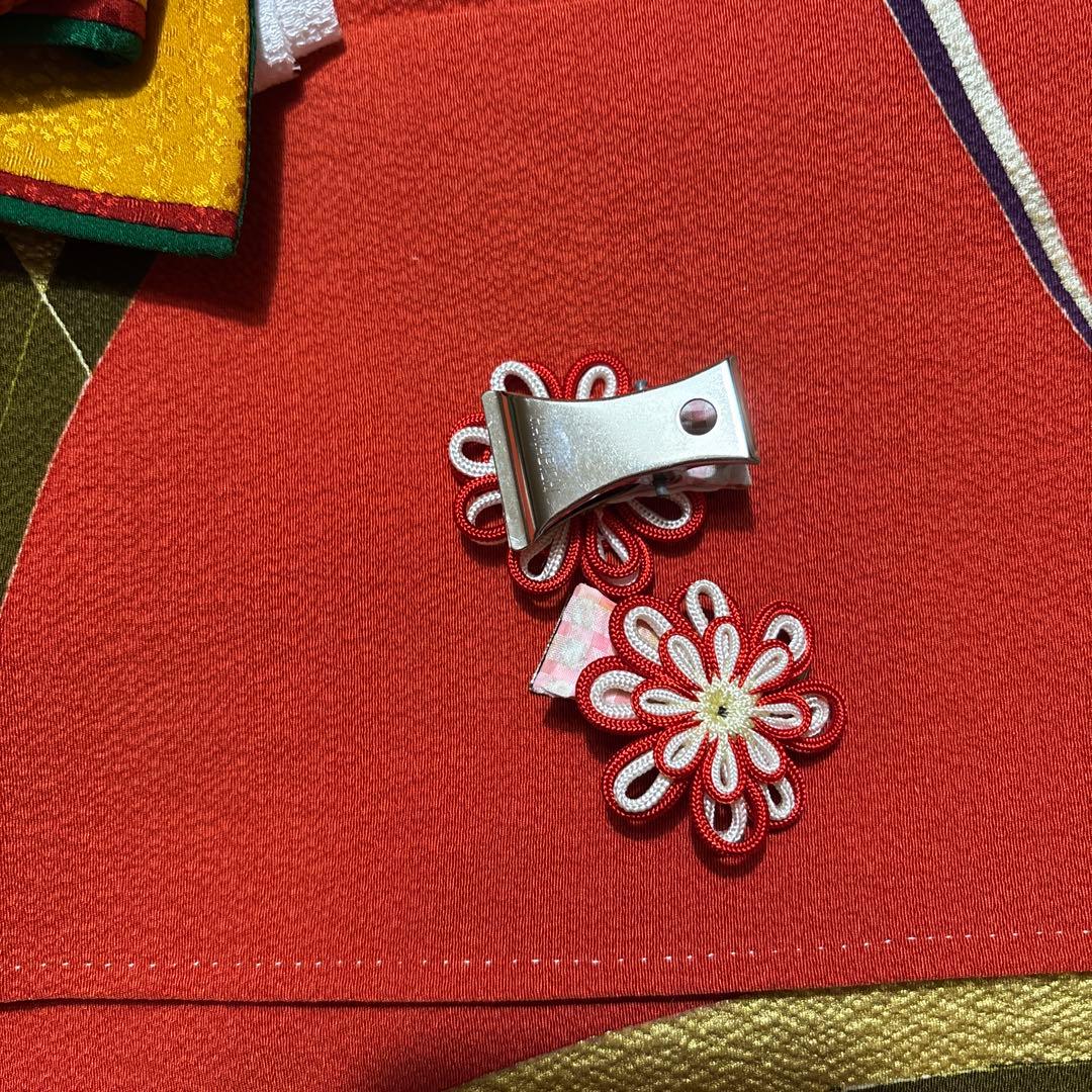 正絹縮緬 セミアンティーク 振袖 5点セット 朱赤 金駒刺繍 稲穂と蝶々裄69