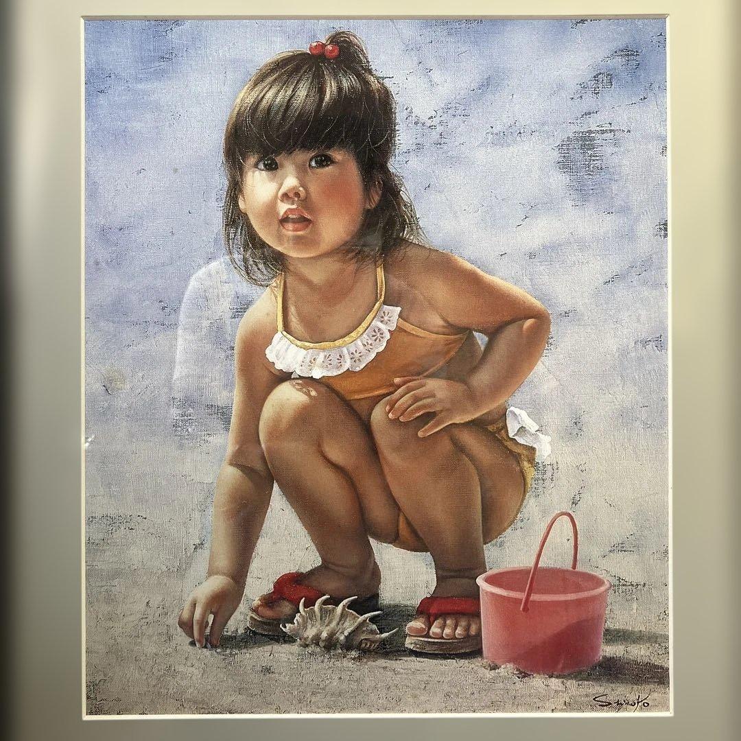 工芸画　藤岡心象 「浜辺で砂遊びする少女」