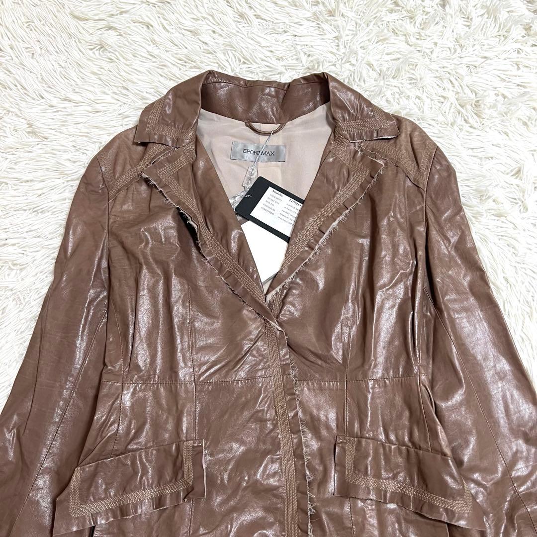 タグつき SPORTMAXマックスマーラ ラムレザー ロングコート ベルト ML