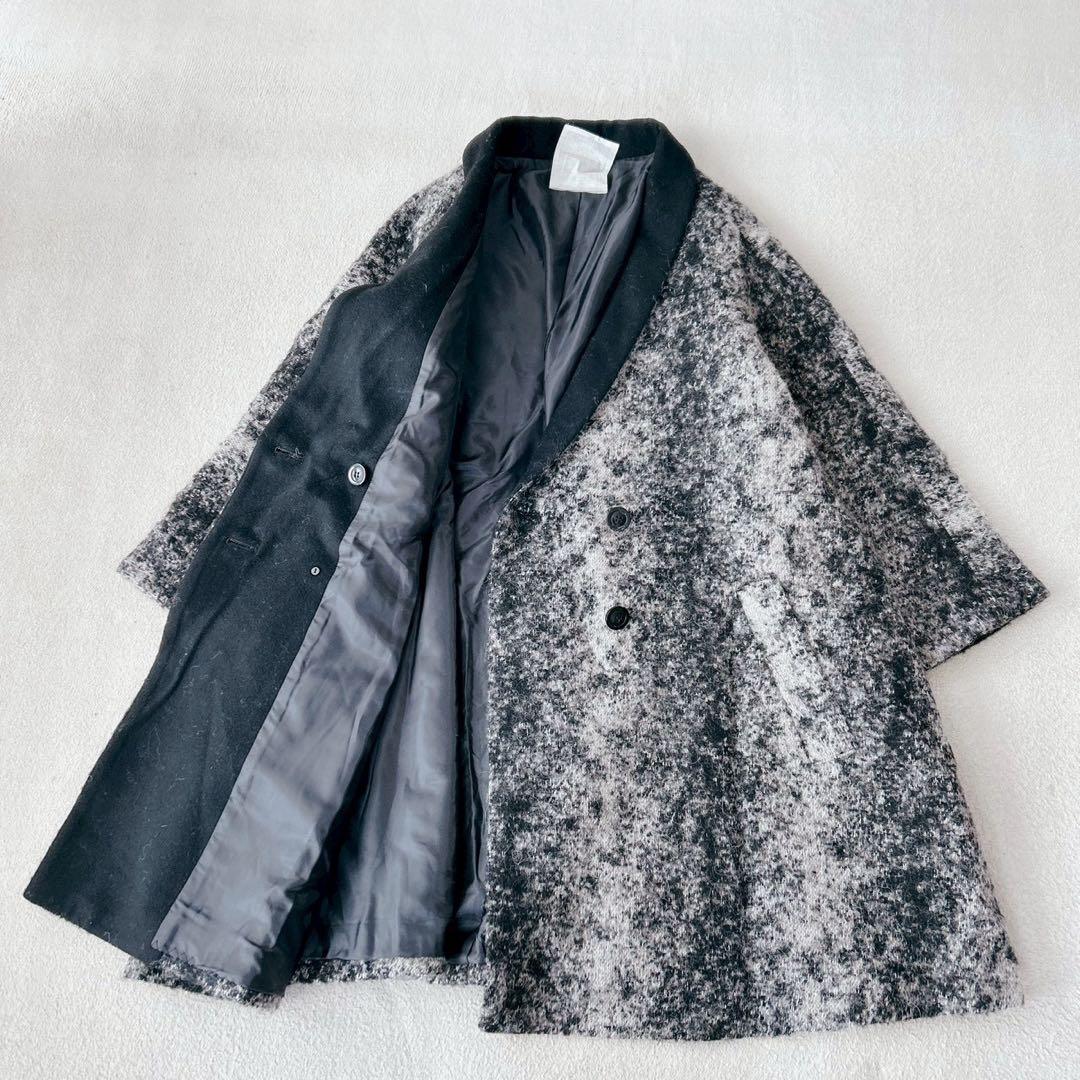 美品✨ビアズリー ロングコート　アンゴラ　モヘヤ　アルパカ　黒×白　ゆったり♪