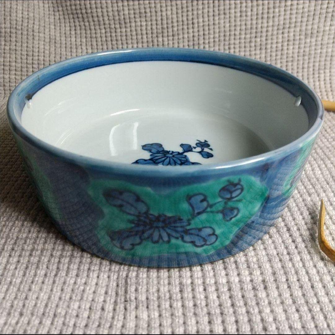 源右衛門　青彩菊絵　　竹柄つき器　長皿