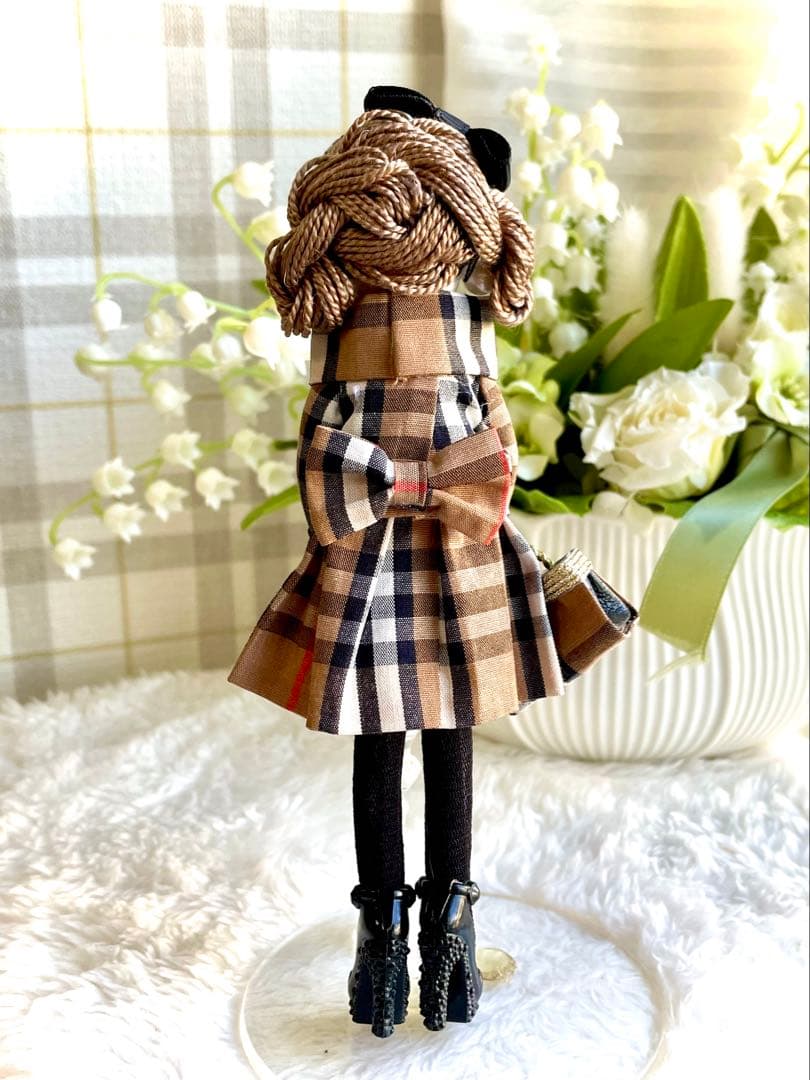 チェック柄プリーツワンピース❤️ミニ熊❤️ハンドメイド♡ドールチャーム