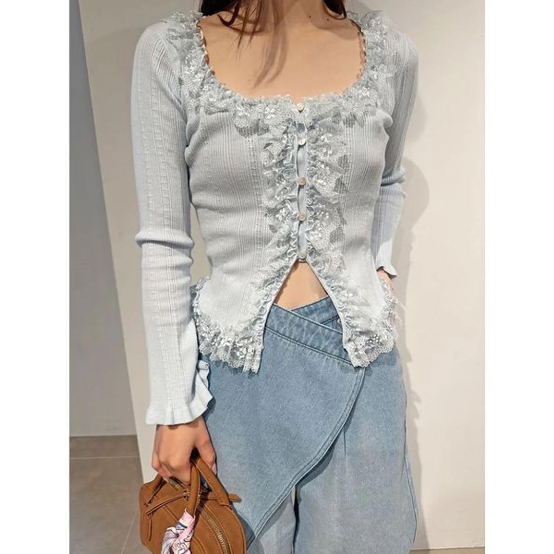 SNIDEL 【極美品】フリルニットプルオーバー ブルー カーディガン レース