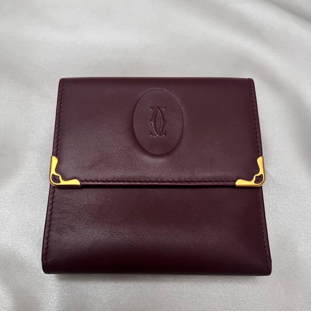 ◇極美品◇カルティエ　マストライン　がま口コンパクト財布　ボルドー×ゴールド