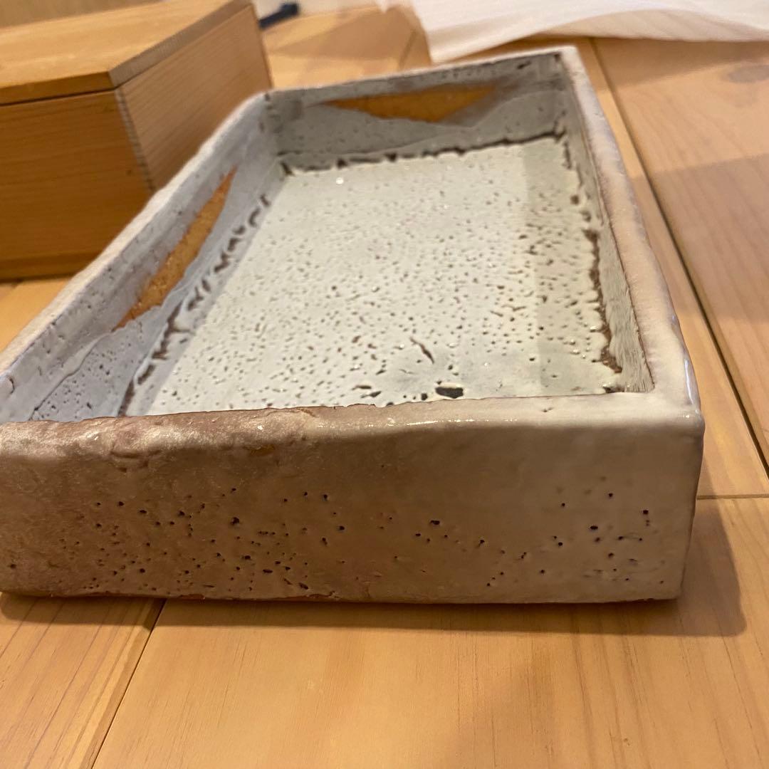 【萩焼】三輪栄造　長角皿 共箱共布付き