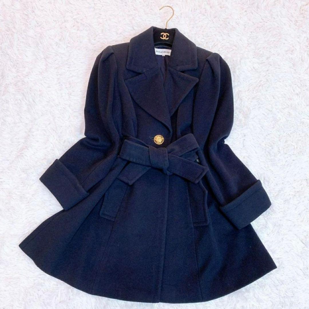 【美品】イヴ・サンローラン　カシミア混　ベルテッド　ロングコート　金ボタン　34