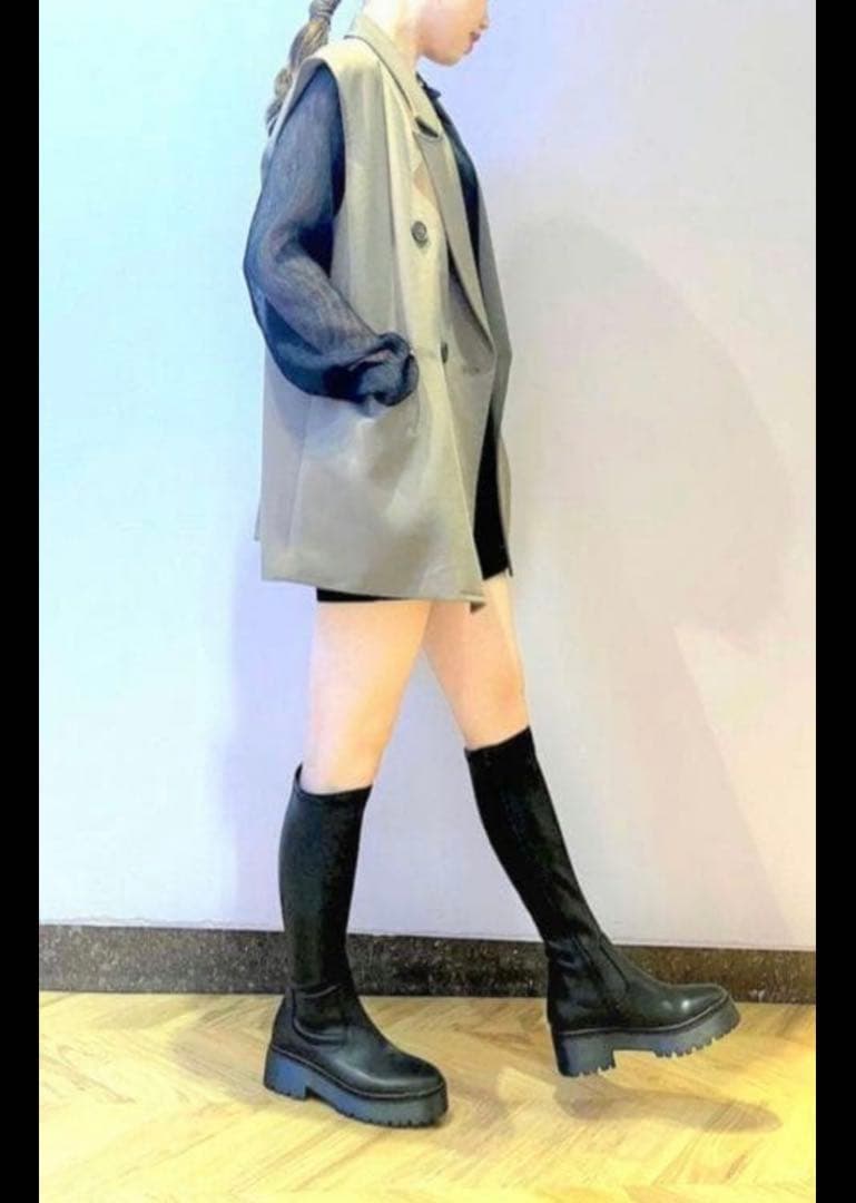 【美品】R&E 厚底ラバーソールストレッチロングブーツ　Lサイズ　ブラック