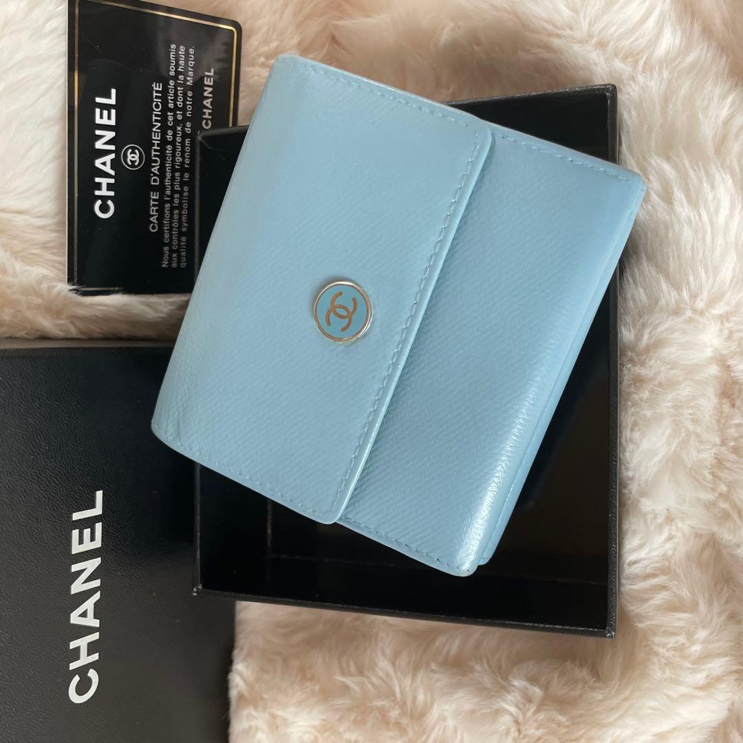 CHANEL シャネル 三つ折り ミニ 財布 ココボタン 水色 ココマーク