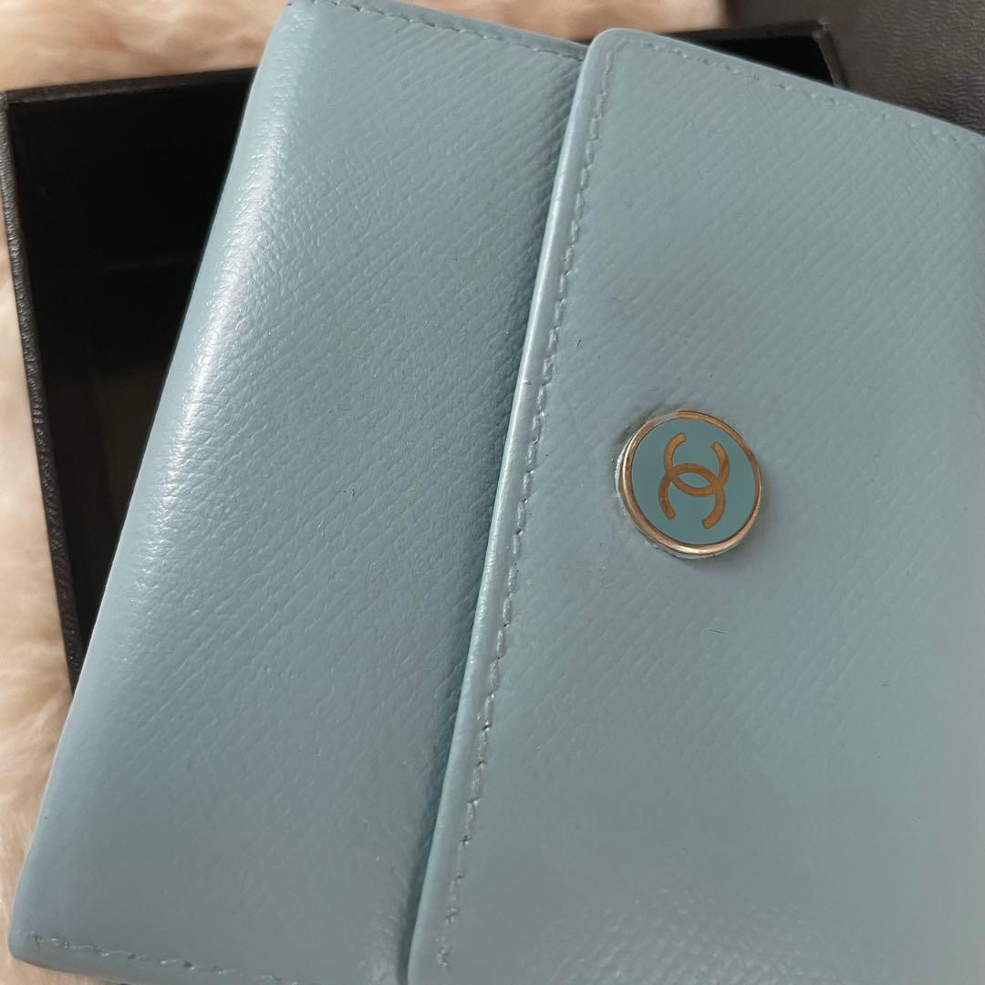 CHANEL シャネル 三つ折り ミニ 財布 ココボタン 水色 ココマーク