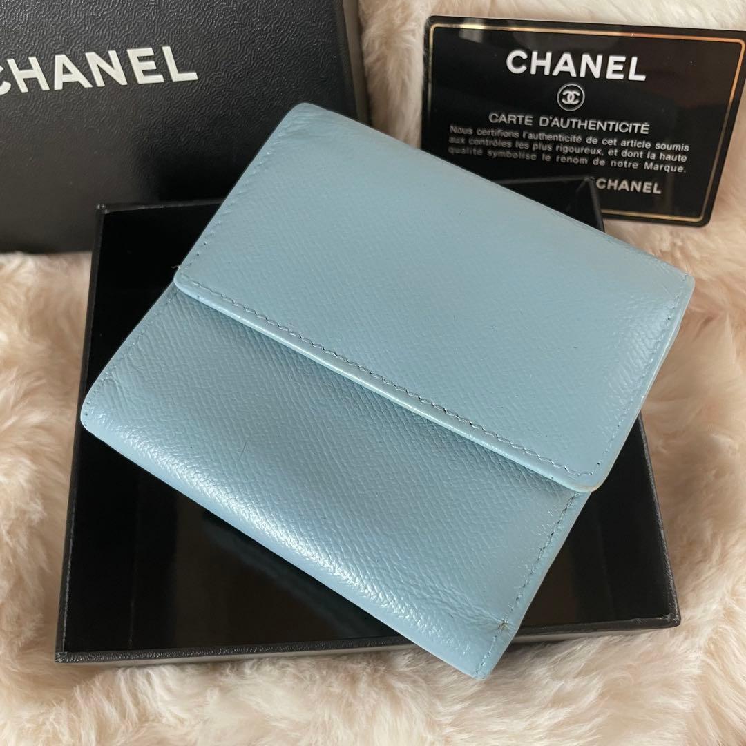 CHANEL シャネル 三つ折り ミニ 財布 ココボタン 水色 ココマーク