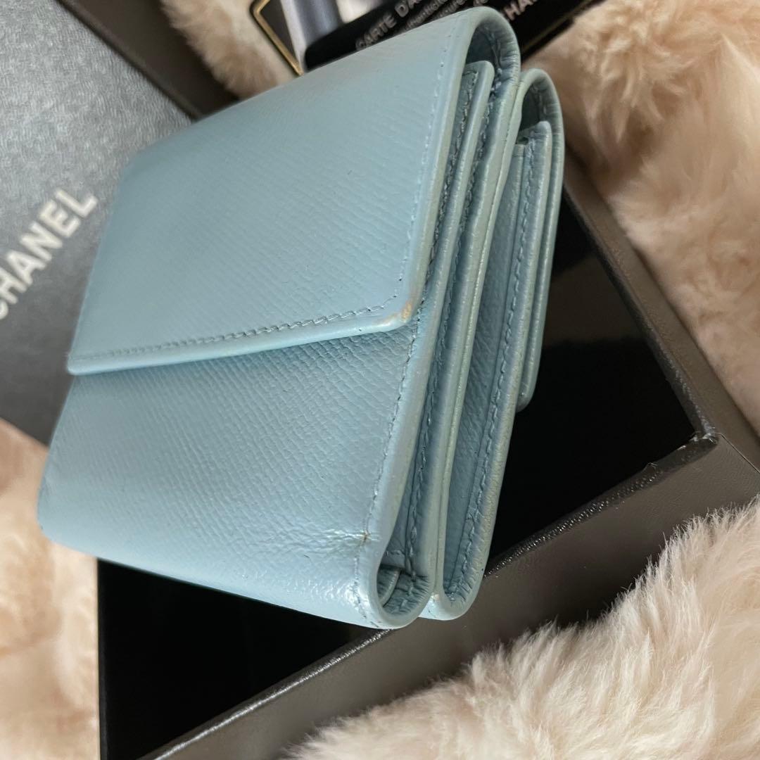 CHANEL シャネル 三つ折り ミニ 財布 ココボタン 水色 ココマーク