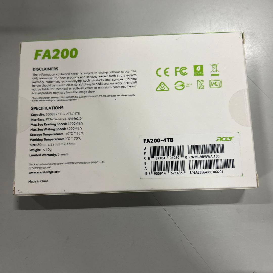 4TB Acer M.2 SSD FA200 PCIe Gen4×4