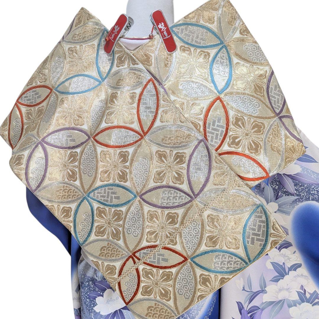 【振袖セット】流水に花模様　白　ブルー　美品　5点セット　正絹　アンティーク