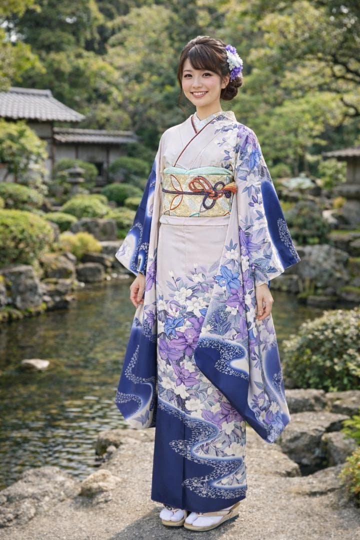 【振袖セット】流水に花模様　白　ブルー　美品　5点セット　正絹　アンティーク