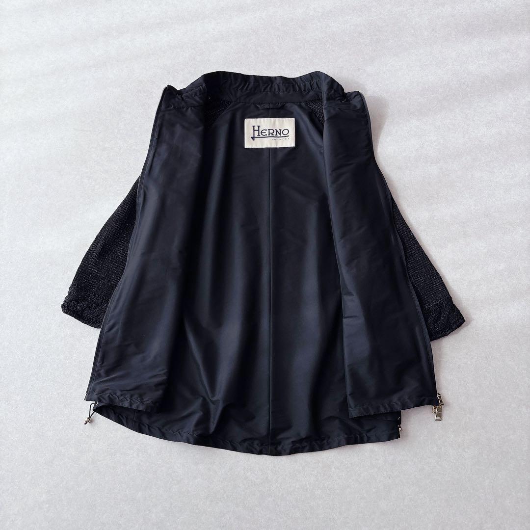 極美品★HERNO｜ラメニットスリーブ切替 ナイロンブルゾン ブラック 42