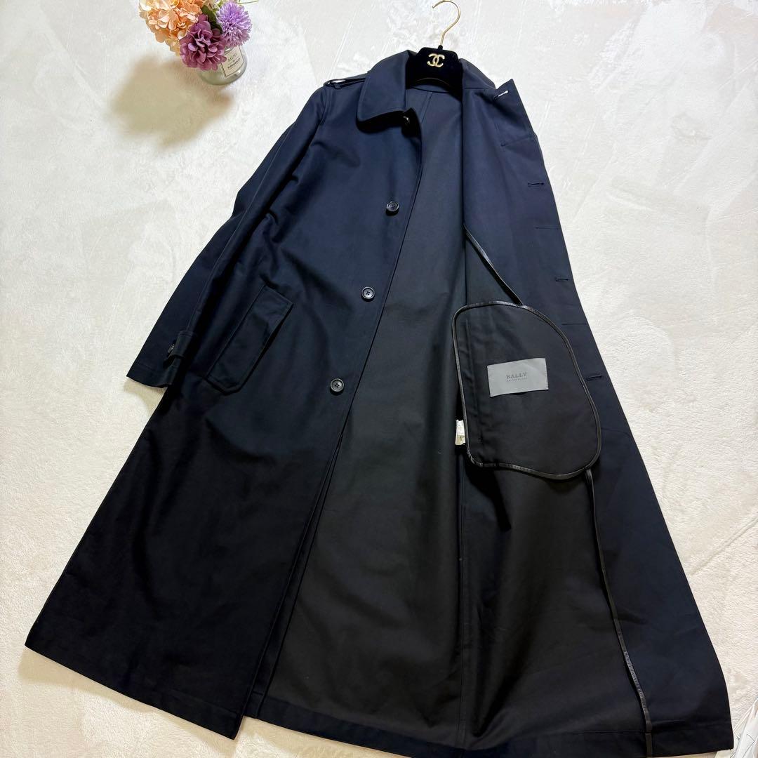 BALLY トレンチコート　ベルト付　襟裏レザー刻印　　サイズ38 黒　ロング丈