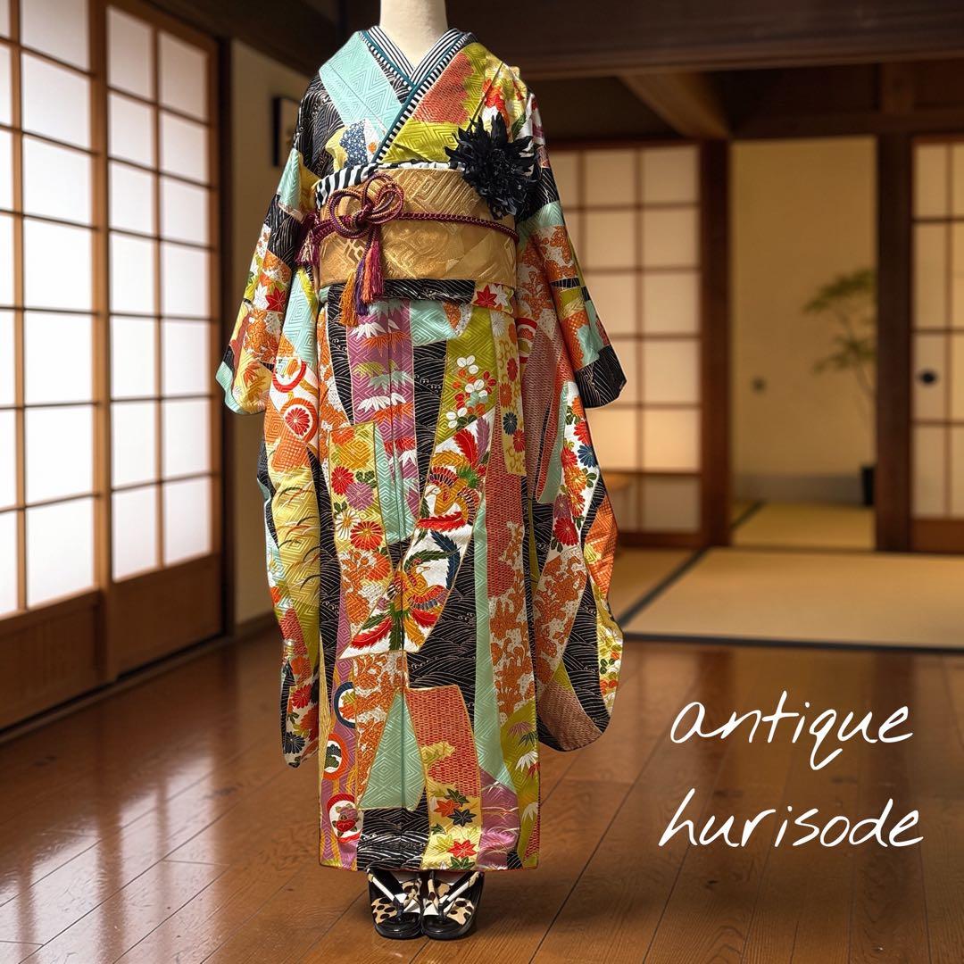 (え44) 金駒刺繍煌めく 祝彩 吉祥短冊尽くしのアンティーク振袖㊗️⑤点セット