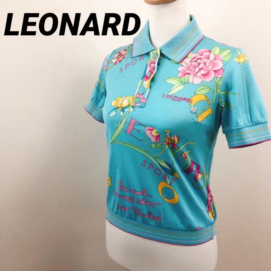 LEONARD　レオナール　半袖ポロシャツ　花柄　ブルー　ロゴ入り　スポーツ　M