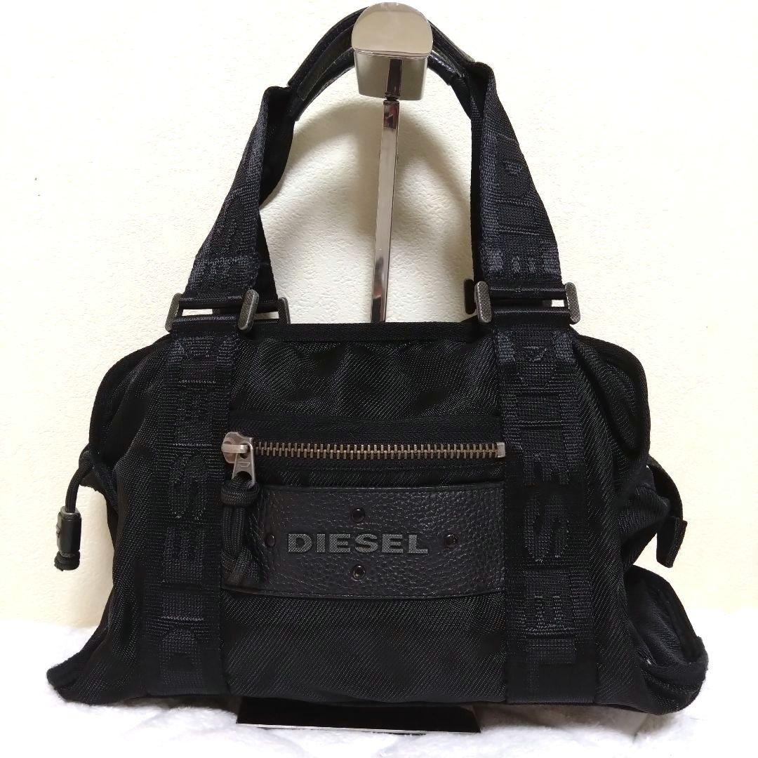 DIESEL ミニボストン ハンドバッグ メタルロゴ ナイロン ブラック