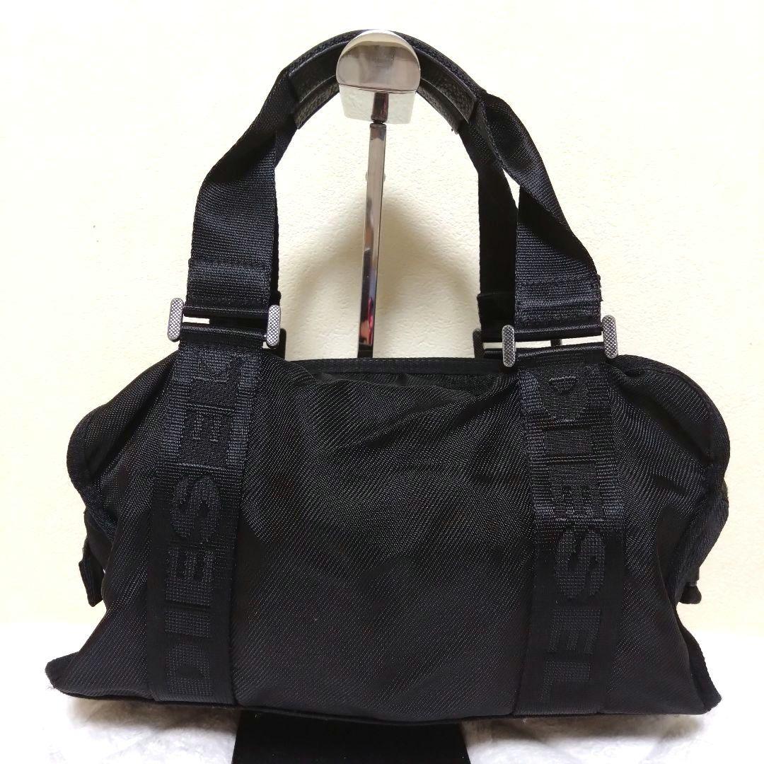 DIESEL ミニボストン ハンドバッグ メタルロゴ ナイロン ブラック
