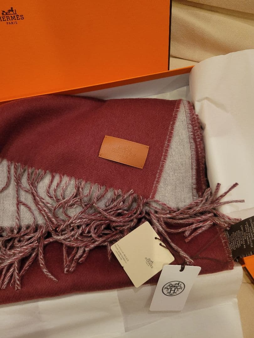 HERMES バーガンディ グレー マフラー
