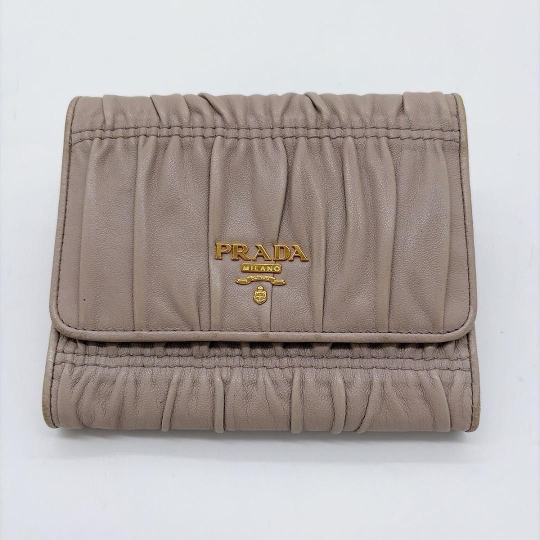 箱付 PRADA プラダ ナッパ 折り財布 ベージュ 三つ折り財布 ゴールドロゴ