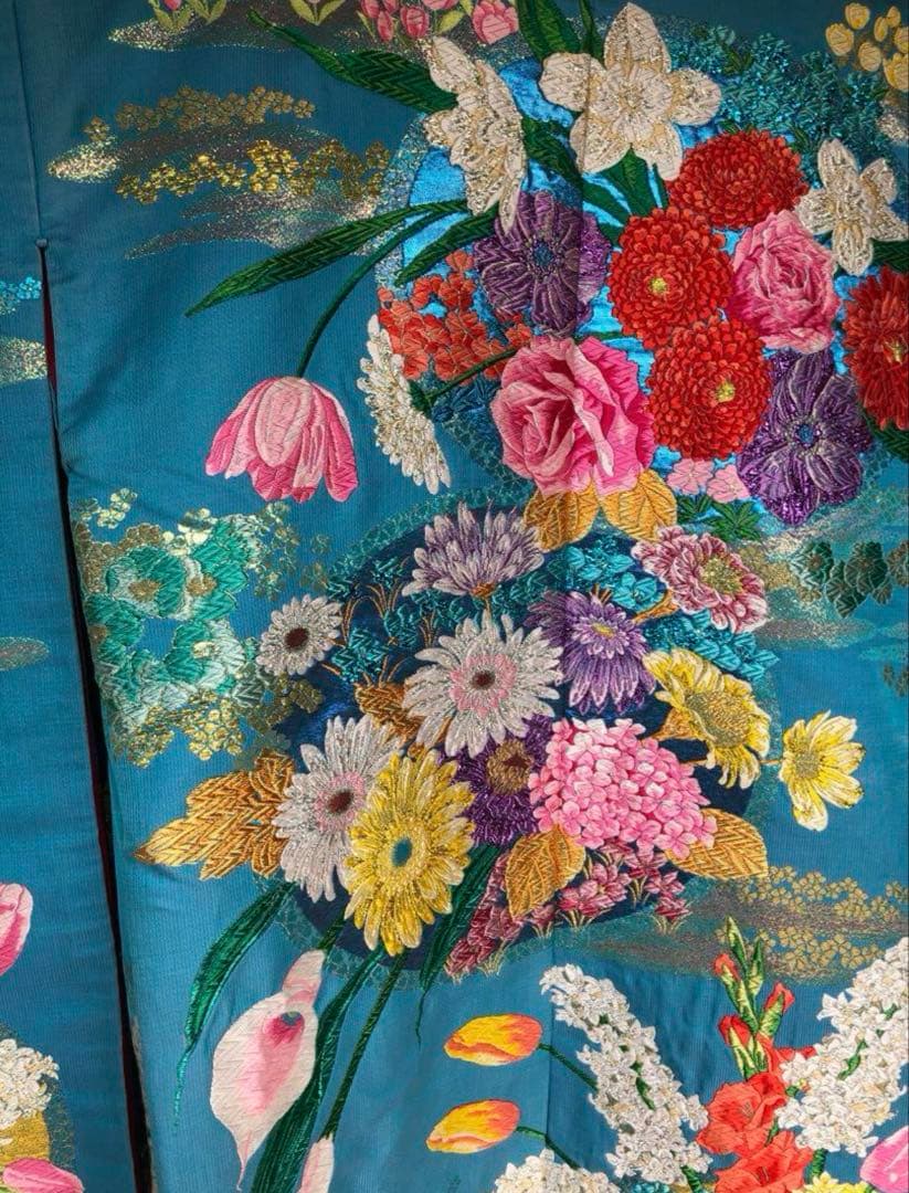 青色 花柄刺繍 打掛　鳥居ユキ