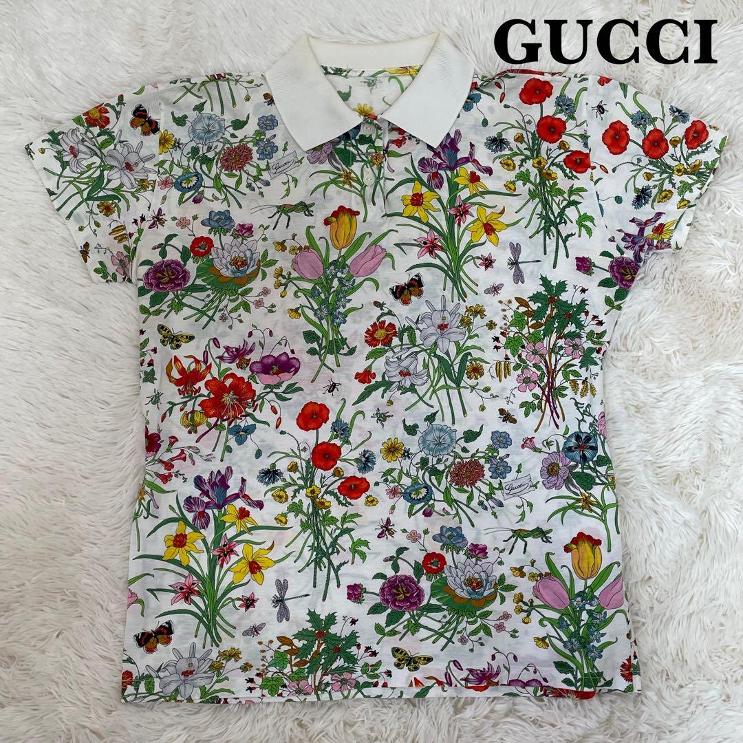 美品 グッチ ポロシャツ 半袖 L 花柄 レディース