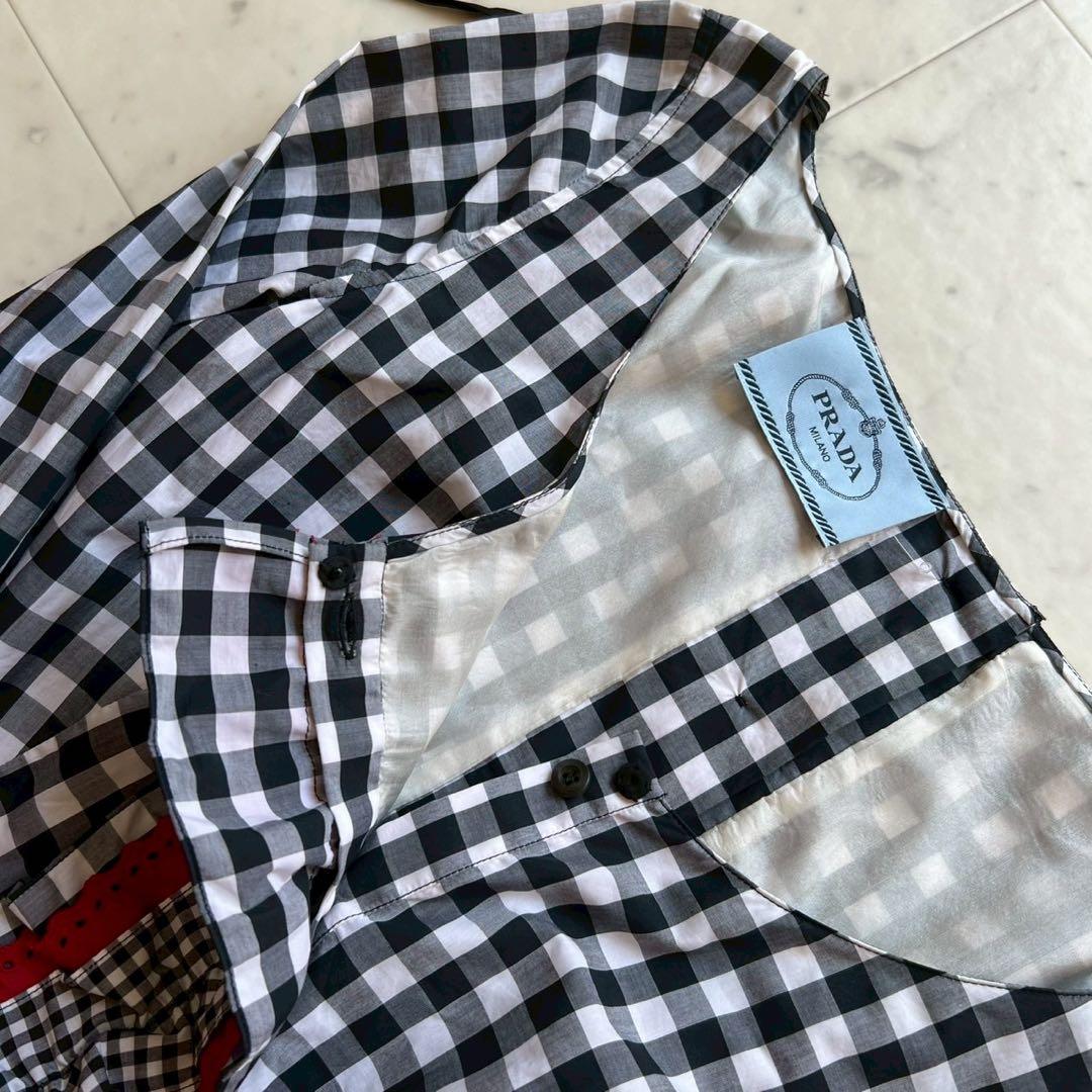 定価15万 PRADA ギンガムチェック フリルワンピース コットン ブラック