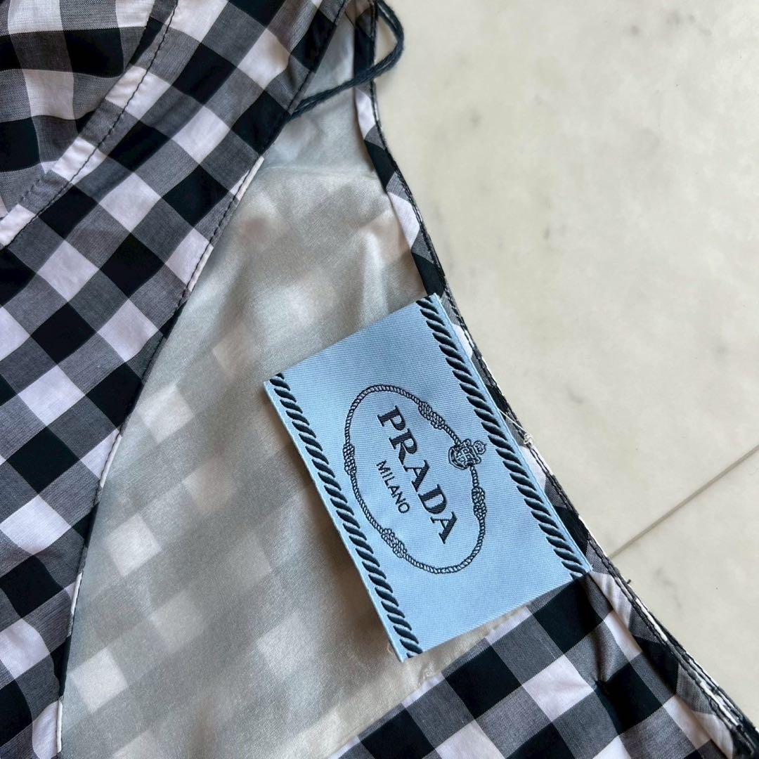 定価15万 PRADA ギンガムチェック フリルワンピース コットン ブラック